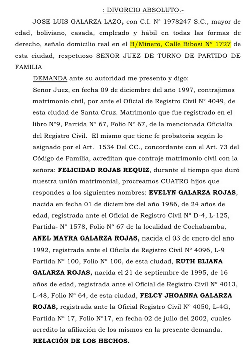 Modelo de demanda de divorcio absoluto